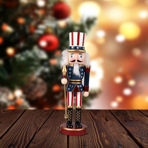 Patriotic Nutcracker Figurines Wooden Soldier Statue with Cane for Independence Day Decoration C859373