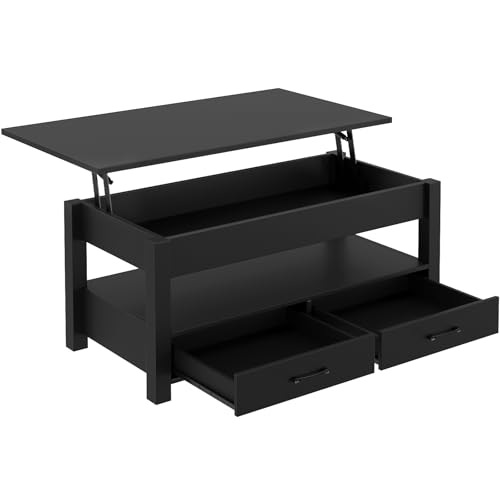Lift Top Coffee Table with Drawers and Hidden Compartment, Wooden Retro Design for Living Room N4328