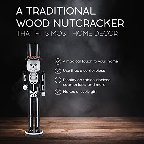 Skeleton Nutcracker Figure with Top Hat, Black and White Wooden Christmas Halloween Decor 15" O46743