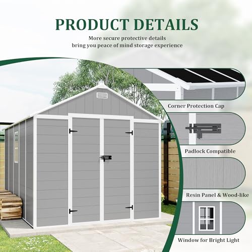 Outdoor Resin Storage Shed 8x8 ft Waterproof Garden Shed with Lockable Doors W96159