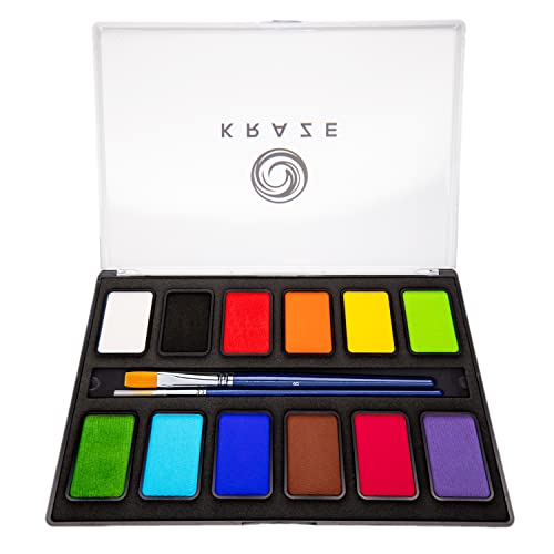 Kraze FX Basic Party Professional Face Paint Palette (12 x 10 gm) - Water Activated, Hypoallergenic, Safe, Non Toxic Body Paint Makeup Cosplay SFX Halloween Face Painting Kit for Kids Adults