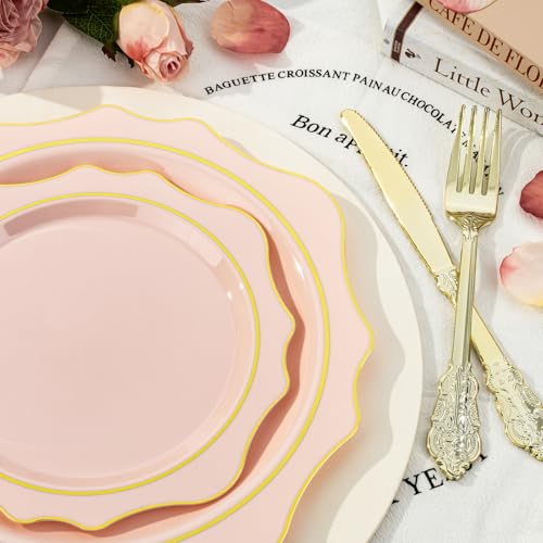 350 PCS Gold Plastic Plates with Cups, Silverware and Napkins for Party L8169