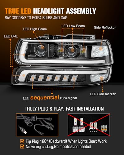 LED Headlights Assembly with Sequential Turn Signal for 1999-2006 Chevy Silverado Suburban Tahoe H92291