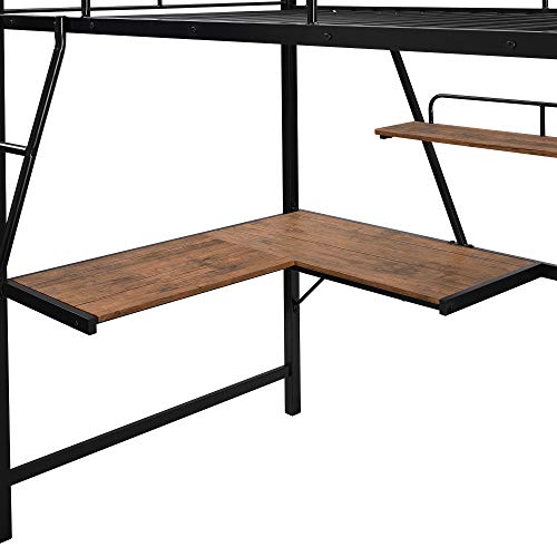 Full Loft Bed with Desk, Storage Shelves, and Wardrobe, Heavy-Duty Frame, Black K6320
