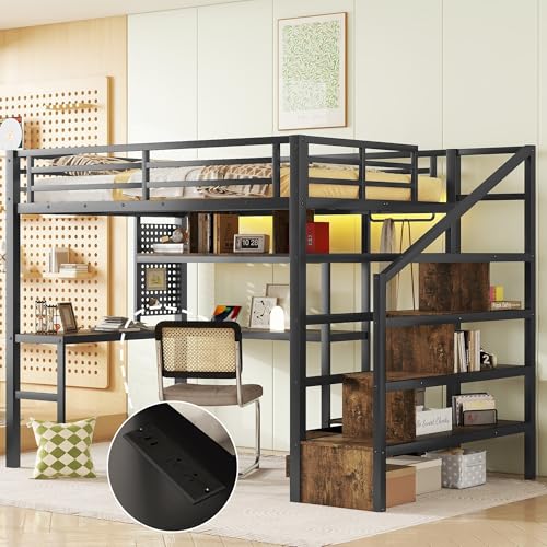 Queen Loft Bed with L-Shaped Desk and Stairs, Metal Frame, Black F92113