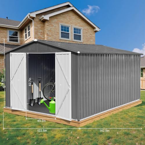 10 x 8 ft Outdoor Storage Shed, Metal Building with Windows and Lockable Doors, Grey Q206