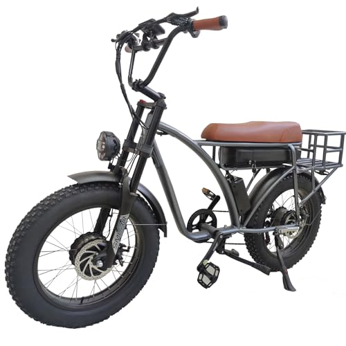 (US Warehouse) Dual Motor 2000W Electric Bike for Adults, Full Suspension, 18AH Removable Battery, Mountain Snow E Bike Fat Tire Sports Bicycle with Long Seat & Basket