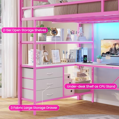 Loft Bed Full Size with L-Shaped Desk and Charging Station G796