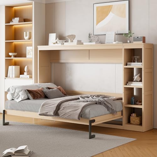 Full Size Horizontal Murphy Bed with Shelves, Foldable into Cabinet W154373