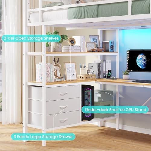 Loft Bed Full Size with L-Shaped Desk and Charging Station G796