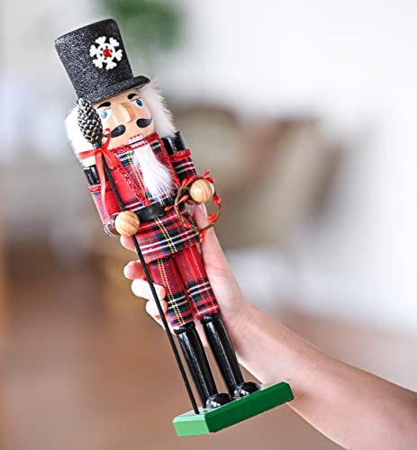 Christmas Buffalo Plaid Nutcracker Soldier with Acorn Staff, 15-Inch Wooden Holiday Decor X91654