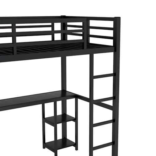 Metal Loft Bed with Wardrobe and L-Shaped Desk, Full Size with Storage Cubes and Shelves J450846