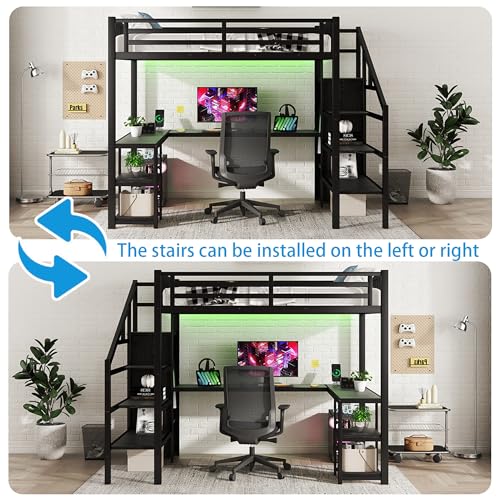 Queen Loft Bed with L-Shaped Desk and Stairs, Metal Frame, Black F92113