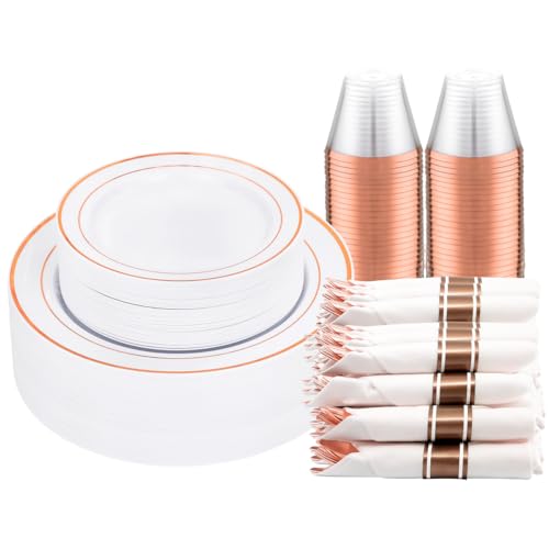 350PCS Clear Gold Plastic Dinnerware Set for 50 Guests, Disposable Plates, Cups & Silverware N692