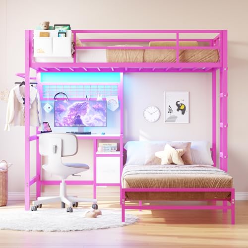 Twin Over Twin Bunk Bed with Desk, Charging Station and LED Lights F705929