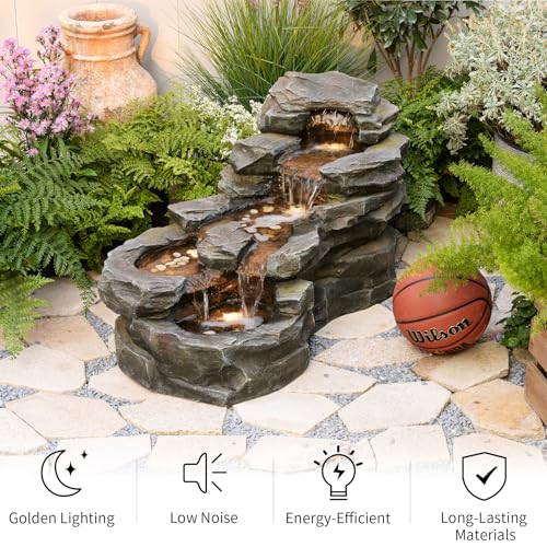 37" Outdoor Garden Water Fountain, 5-Tier Rock Waterfall with LED Lights H197