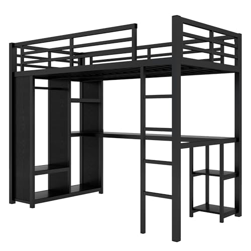 Metal Loft Bed with Wardrobe and L-Shaped Desk, Full Size with Storage Cubes and Shelves J450846