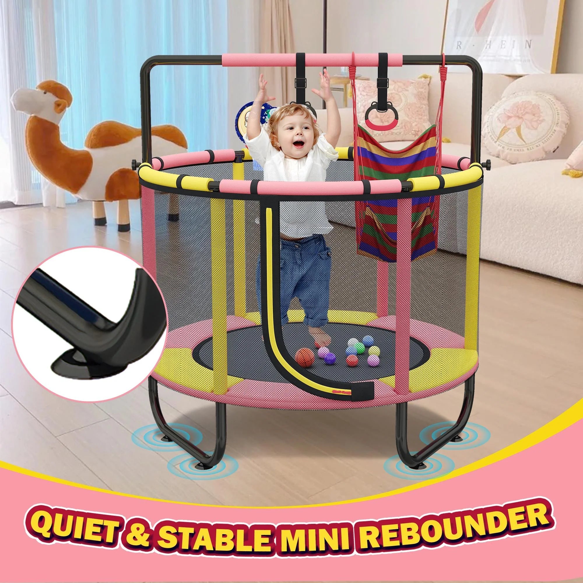 Mini Trampoline for Toddlers with Enclosure and Basketball Hoop F952