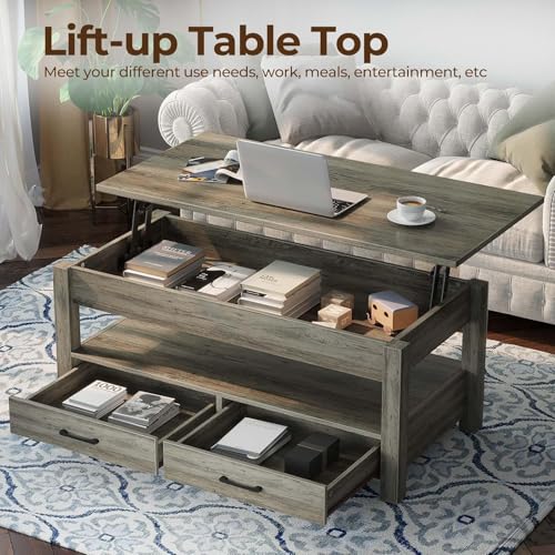 Lift Top Coffee Table with Drawers and Hidden Compartment, Wooden Retro Design for Living Room N4328