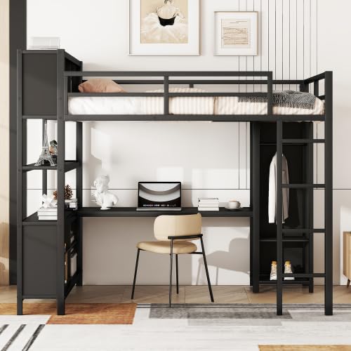 Full Size Loft Bed with Wardrobe and L-Shaped Desk, Metal with Storage Cubes, White Q15057