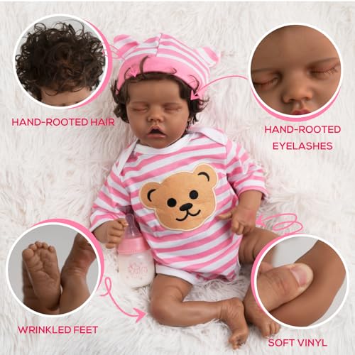 Realistic Reborn Baby Doll with Silicone Soft Body, Black Lifelike Baby Girl with Feeding Kit X111