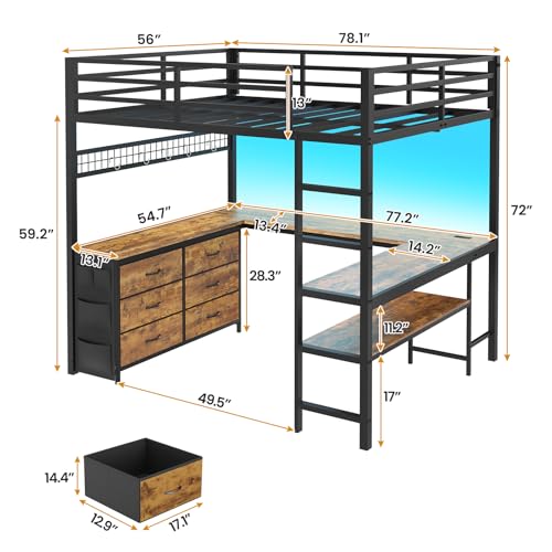 Loft Bed Full Size with U-Shaped Desk, Storage Drawers, Power Outlet, LED, Safety Guardrail & Ladders P611917