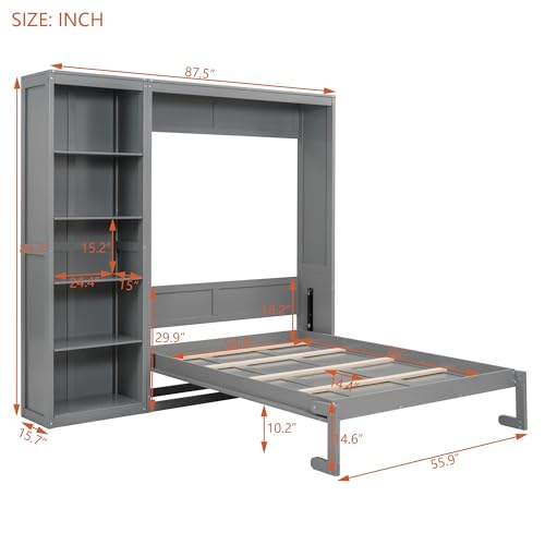 Grey Murphy Wall Bed with Storage Bookcase Shelves B3990