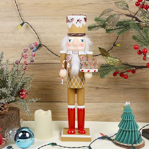 14 Inch Christmas Nutcracker Figures, Wooden Santa Chef Holding Gingerbread Men, Tabletop Centerpiece Decor R14704