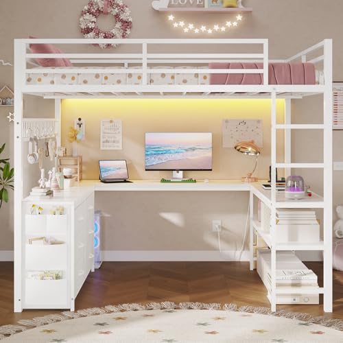 Loft Bed Full Size with U-Shaped Desk, Storage Drawers, Power Outlet, LED, Safety Guardrail & Ladders P611917