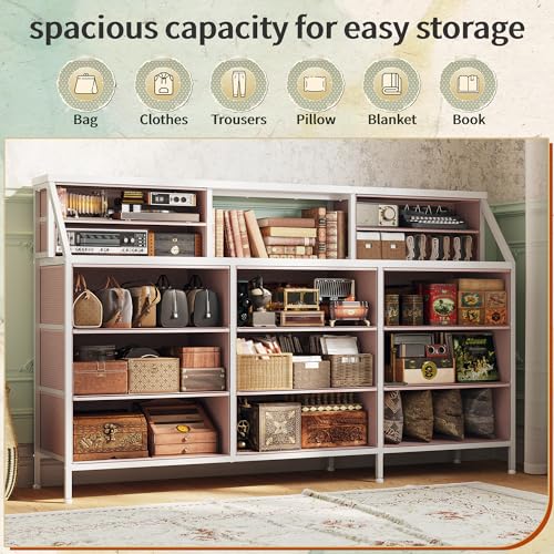 55" Dresser with 13 Fabric Drawers and 2 Open Shelves, Rustic Brown K688