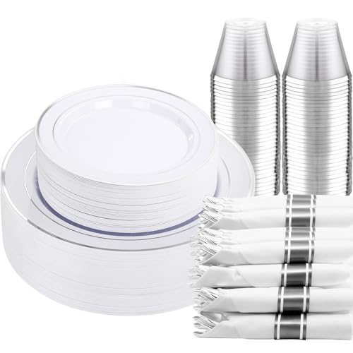 350PCS Clear Gold Plastic Dinnerware Set for 50 Guests, Disposable Plates, Cups & Silverware N692