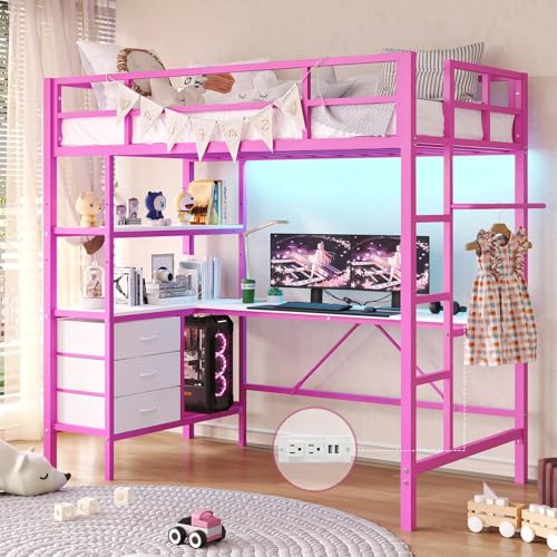 Loft Bed Full Size with L-Shaped Desk and Charging Station G796