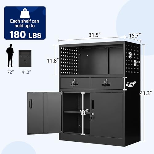 Locking Cabinet with 2 Drawers, Metal Storage Cabinet with Locking Doors and Shelves J89434
