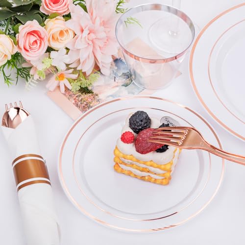 350PCS Clear Gold Plastic Dinnerware Set for 50 Guests, Disposable Plates, Cups & Silverware N692