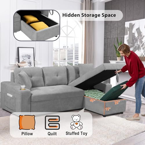 Reversible Sectional Sofa Bed with Storage Chaise, Linen Fabric, Light Gray B49418