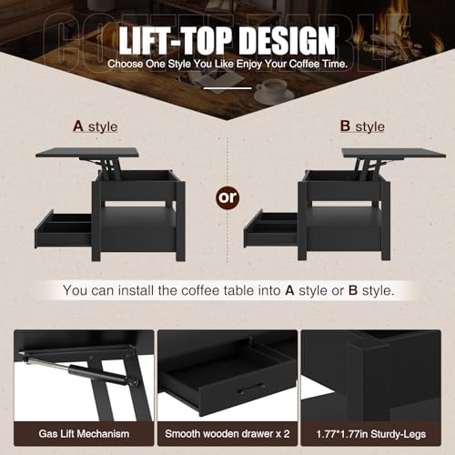 Lift Top Coffee Table with Drawers and Hidden Compartment, Wooden Retro Design for Living Room N4328