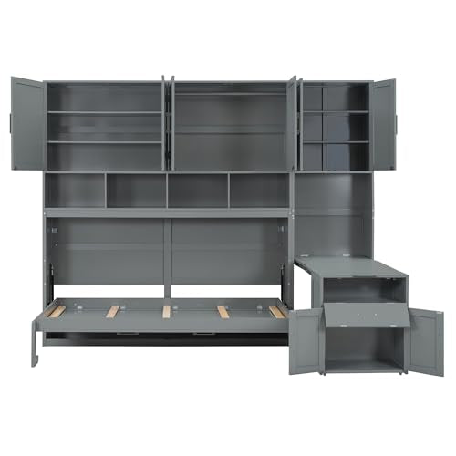 Wall Bed with Storage Cabinet and Desk, Folding Frame for Guestroom, Grey K678830