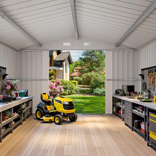 Resin Outdoor Storage Shed with Floor and Window, Lockable Small Tool Shed for Garden Patio Backyard, Light Gray V985