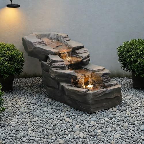 37" Outdoor Garden Water Fountain, 5-Tier Rock Waterfall with LED Lights H197