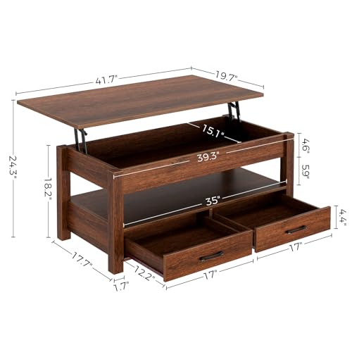 Lift Top Coffee Table with Drawers and Hidden Compartment, Wooden Retro Design for Living Room N4328