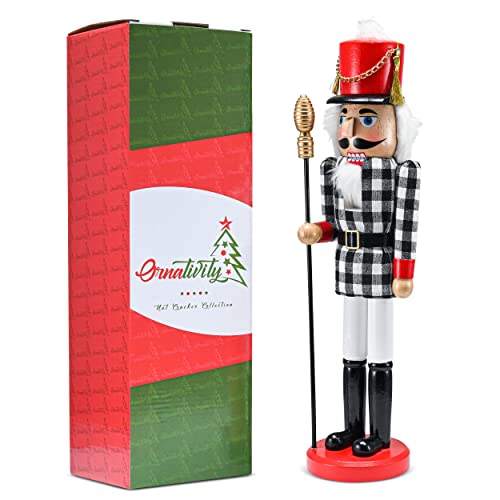 Black and White Checkered Soldier Nutcracker Wooden Figure 15 Inch X3031