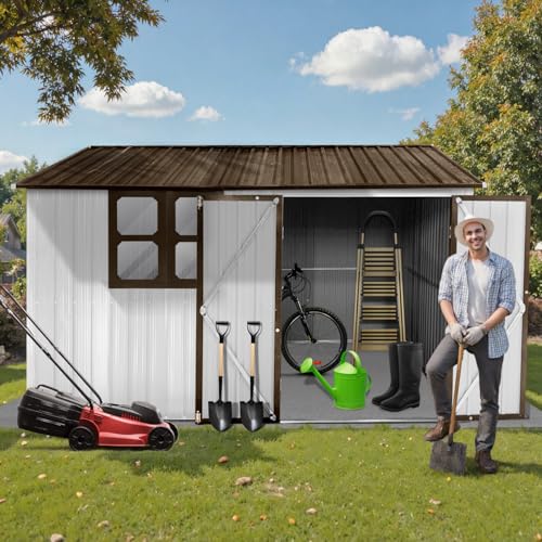 10 x 8 ft Outdoor Storage Shed, Metal Building with Windows and Lockable Doors, Grey Q206