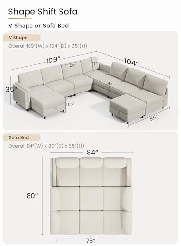 Modular Sectional Sofa Bed with Storage Ottoman, Beige S706