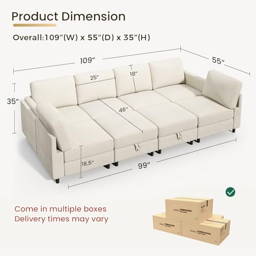 Modular Sectional Sofa Bed with Storage Ottoman, Beige S706