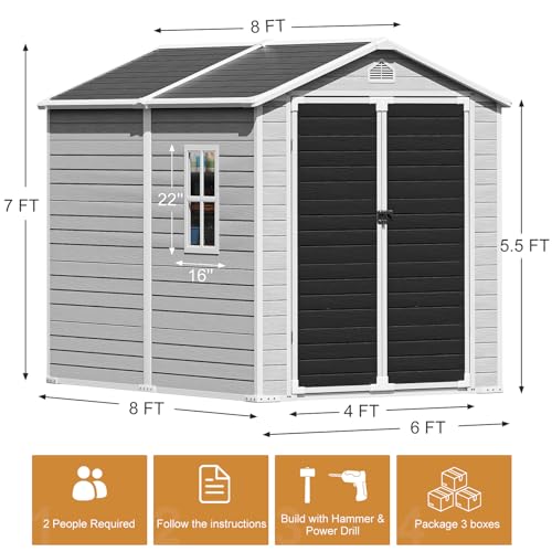 Outdoor Resin Storage Shed with Floor 8x6x7 FT Waterproof, Gray U422