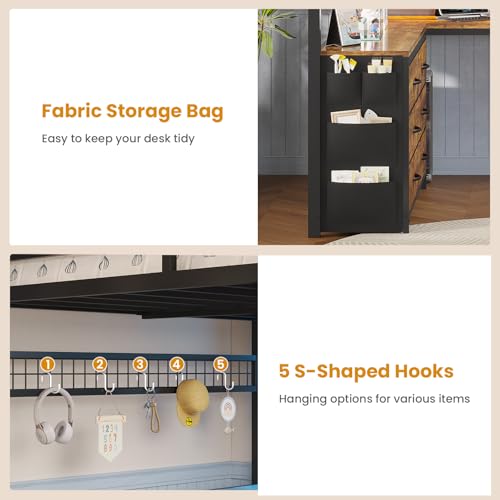 Loft Bed Full Size with U-Shaped Desk, Storage Drawers, Power Outlet, LED, Safety Guardrail & Ladders P611917