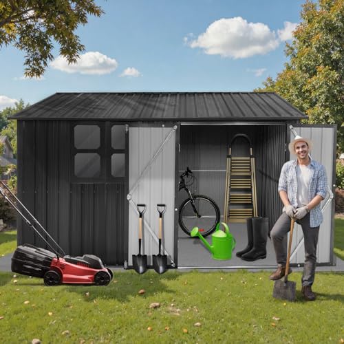 10 x 8 ft Outdoor Storage Shed, Metal Building with Windows and Lockable Doors, Grey Q206