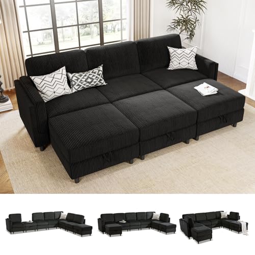 Modular Sectional Sofa Bed with Storage Ottoman, Beige S706