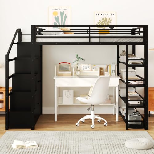Full Size Loft Bed with Wardrobe and L-Shaped Desk, Metal with Storage Cubes, White Q15057