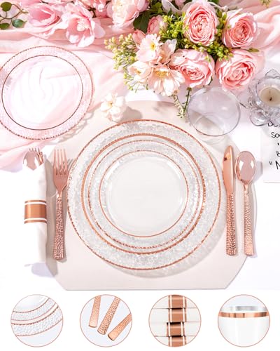 350PCS Clear Plastic Plates with Gold Trim for 50 Guests, Disposable Dinnerware Set O686017